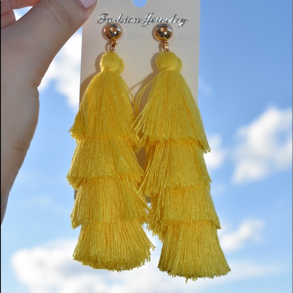 SOLD Yellow Tassel Fringe Dangle Earrings - Picture 2 of 2